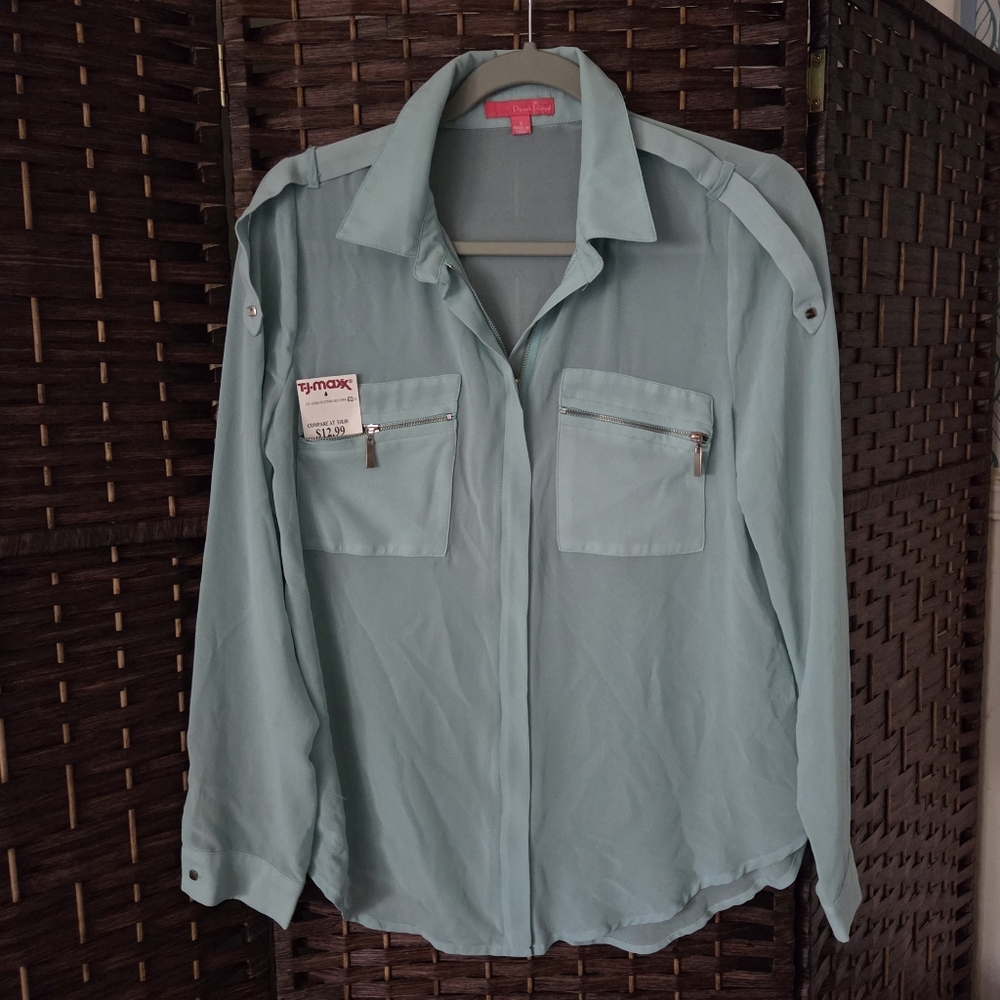 Aqua Dress Blouse with Zippered Front & Pockets
